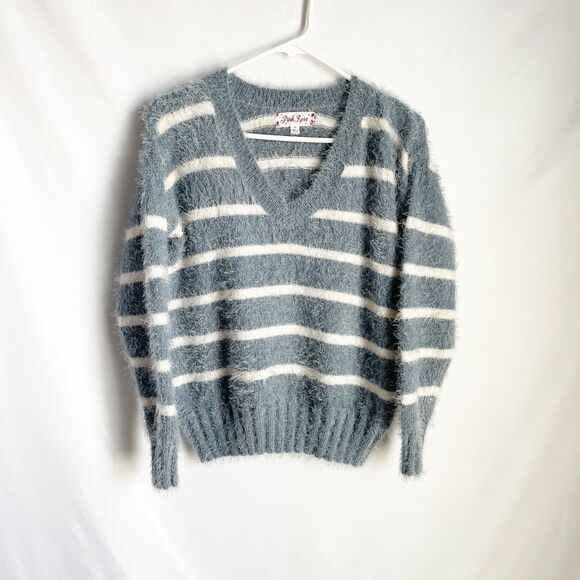 🟢Pink Rose Blue & White Fuzzy V Neck Sweater S - Picture 2 of 7